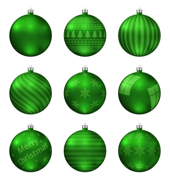 绿色的圣诞球查出的白色背景 逼真的高品质的圣诞节小玩意的矢量集 不同的模式 — 图库矢量图片