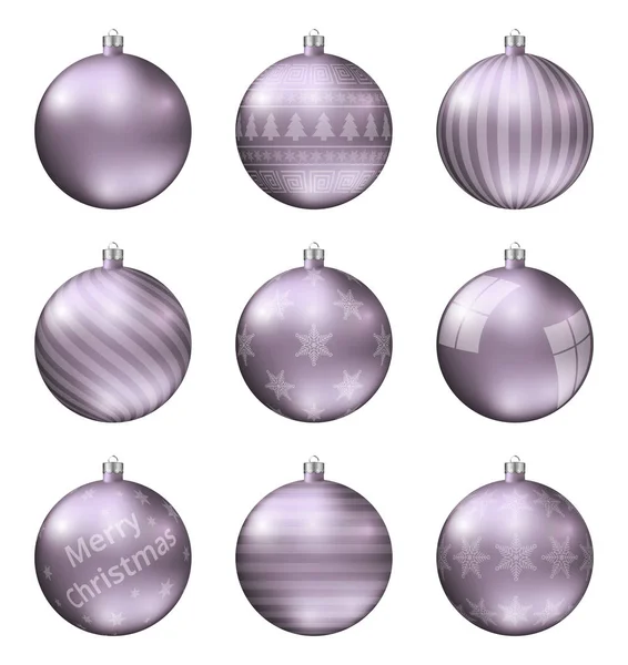 Pastel Violet Kerst Ballen Geïsoleerd Witte Achtergrond Fotorealistische Hoogwaardige Vector — Stockvector