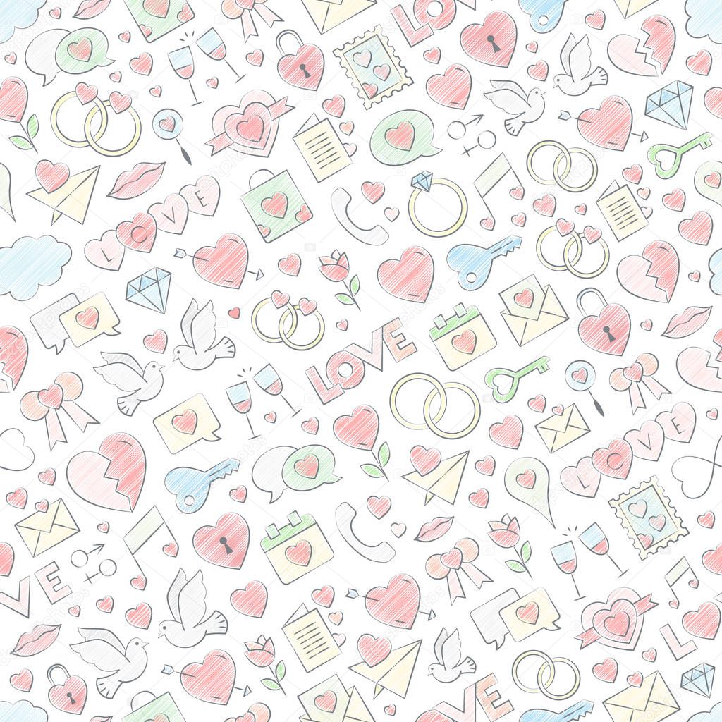 Hand drawn seamless love pattern vector illustration with chalk colored filling. Vector repeating texture for Valentine's Day - love symbols repeating background filling with crayon pastel colors. 