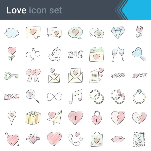 Iconos Amor Vectoriales Dibujados Mano Aislados Sobre Fondo Blanco Con — Vector de stock