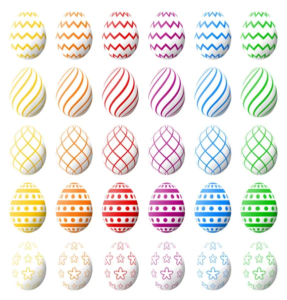 Conjunto Huevos Pascua Blancos Con Varios Patrones Colores Vector Alta — Vector de stock