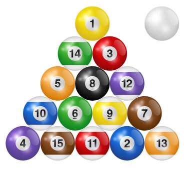 Bilardo topları üçgen beyaz arka plan üzerinde izole. Üç boyutlu ve gerçekçi görünümlü vektör illüstrasyon.