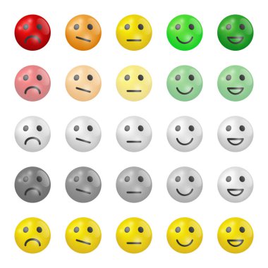 Emoji düz simgeleri ayarlayın. Üç boyutlu vektör illüstrasyonu. Mutlu, üzgün ve ruh hali. Oy ölçeği simgeleri ayarlandı.