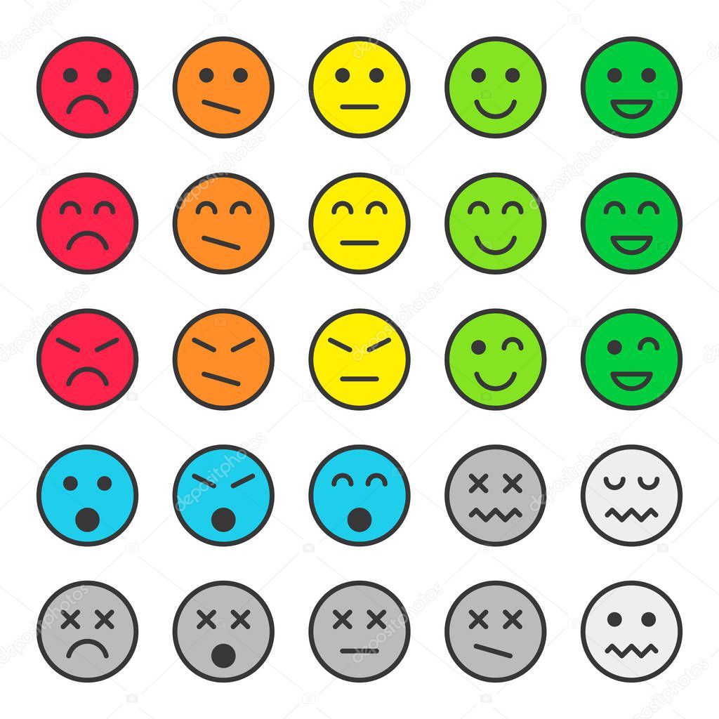 Set of colorful emoticons, faces icons. Vector illustration. Isolated on white background.