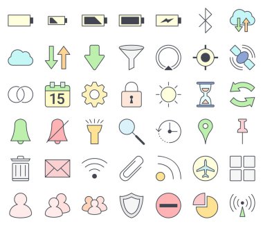 Cep telefonları ve akıllı telefonlar arayüz anahat simge seti, pastel renklerle doldurma - vpn, hotspot, gps, ayarlar, takvim, hücre