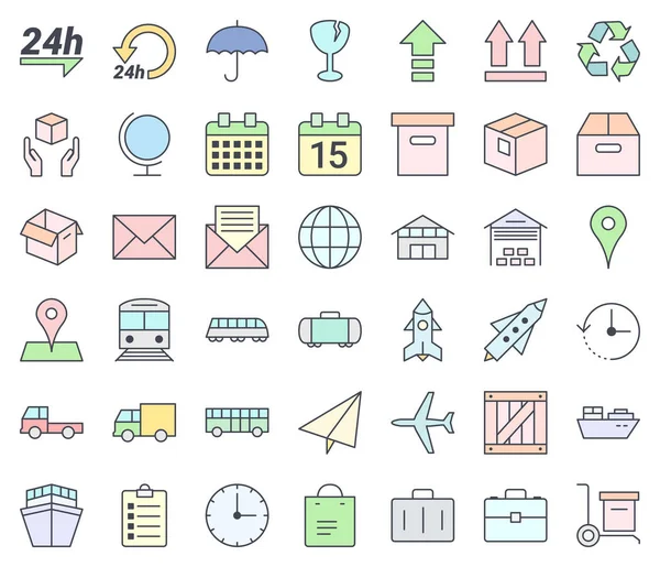 輸送とロジスティクスシンプルな薄いアイコンセット パステルカラーで満たし 白い背景に隔離 — ストックベクタ