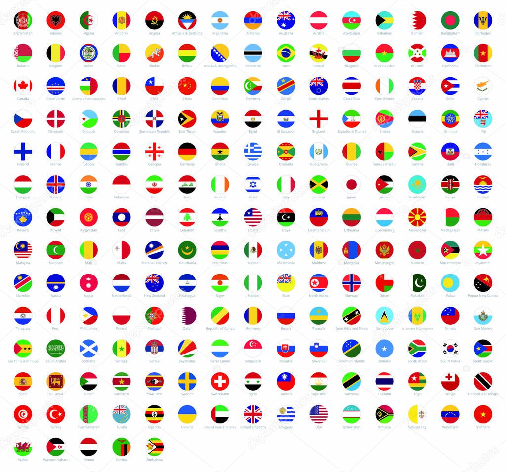 All national flags of the world with names. Rounded flags, circular design. High quality vector flag isolated on white background