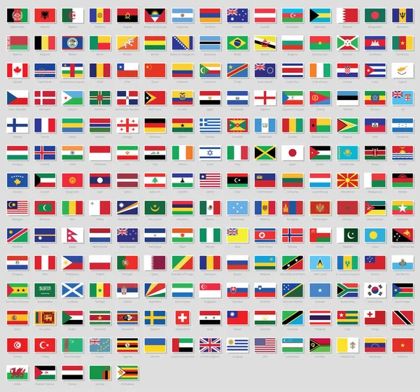 Všechny Státní Vlajky Světových Štítků Názvy Příznaky Štítků Vysoce Kvalitní — Stockový vektor