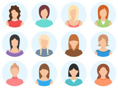 Kadın avatar beyaz arka plan üzerinde izole ayarlayın. Basit şekil kadın avatar. Kadın avatar simgeleri ayarlayın. Yüksek kaliteli vektör illüstrasyon.