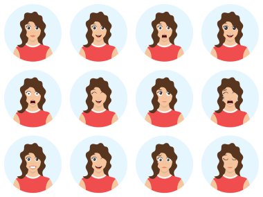 Farklı yüz ifadeleri olan güzel bir kadın. Seksi kadın avatar beyaz arka plan üzerinde izole ayarlayın. Vektör çizimi.