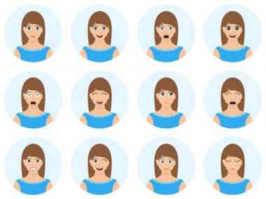 Farklı yüz ifadesi ile mavi etek güzel kız. Sevimli ve seksi kadın avatar. Birçok çeşitli yüz duyguları. Yüksek kaliteli vektör illusrration.