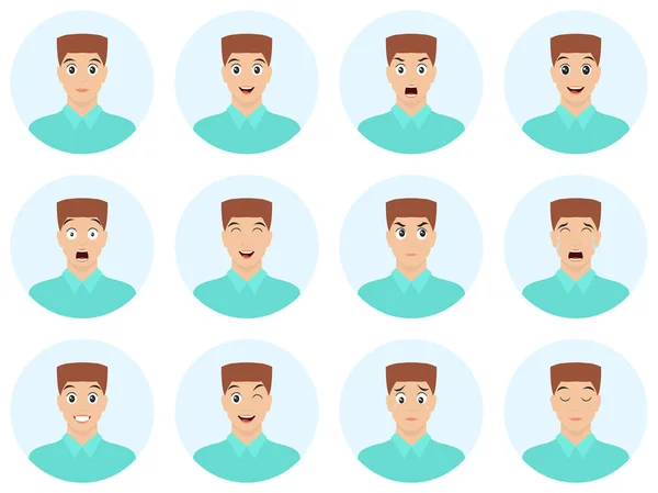 Avatares Con Expresiones Emociones Joven Inverna Doce Expresiones Faciales Hombre — Vector de stock