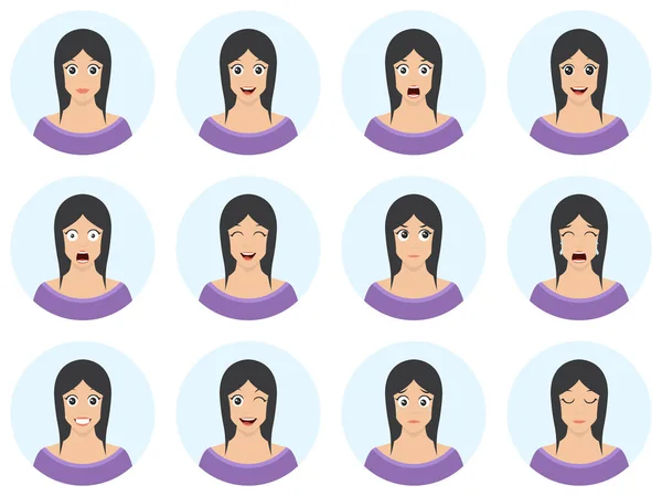 Jolie Femme Avec Différentes Expressions Faciales Pack Émotions Avatar Jeune — Image vectorielle