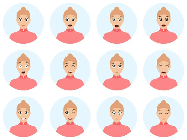 Conjunto Chicas Lindas Expresiones Avatar Cara Emociones Dibujos Animados Planos — Vector de stock