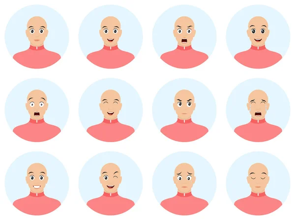 Bald Man Different Facial Expressions Emotions Expressions Avatar Set Cartoon — Stock Vector