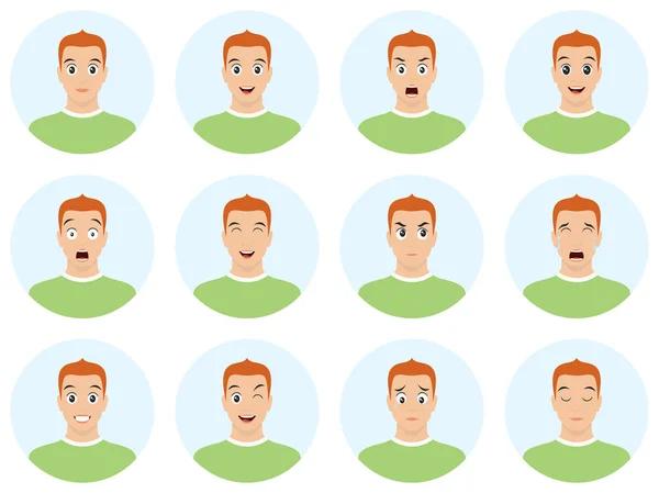 Hombre Guapo Con Diferentes Expresiones Faciales Retrato Joven Estilo Plano — Vector de stock