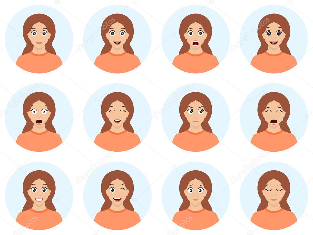 Cute illustrations of beautiful young girl with various facial expressions and emotions. Sexy portrait. Vector avatar illustration.