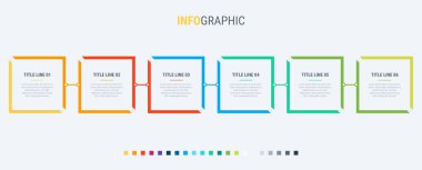 Renkli diyagram, infografik şablon. 6 adımlı zaman çizelgesi. İşletmeler için dikdörtgen iş akışı süreci. Vektör tasarımı.