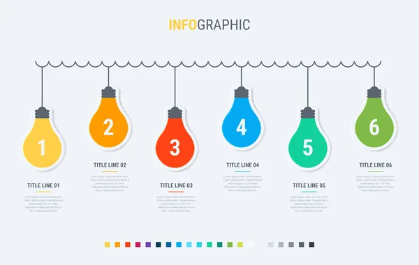 Renkli Diyagram Ampuller Infografik Şablon Adımlı Zaman Çizelgesi Için Ampuller — Stok Vektör