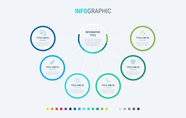Zaman çizelgesi bilgi tasarım vektörü. 6 seçenek, daire iş akışı düzeni. Vektör bilgi zaman çizelgesi şablonu. Soğuk palet.