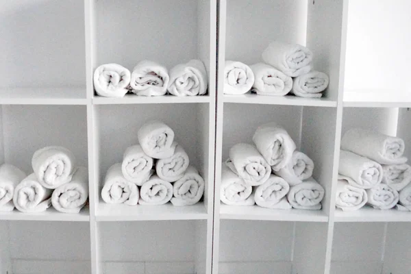 Rolled White Towels White Shelves Close — Stock Photo, Image