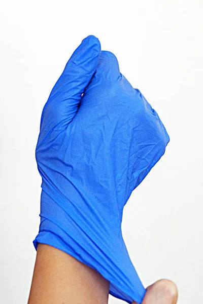 Uma Luva Médica Colocada Uma Mão Perto — Fotografia de Stock