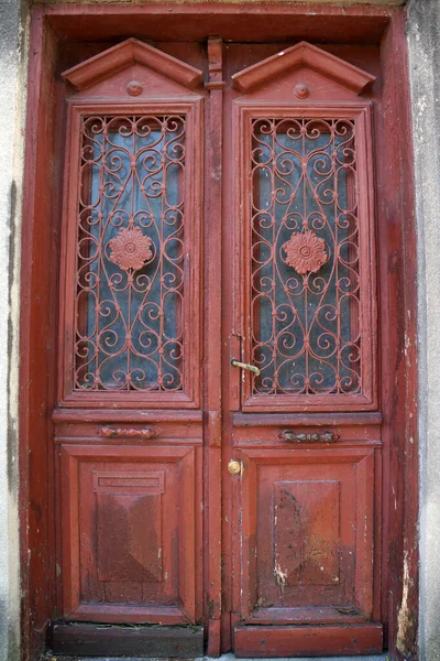 Entrada Vintage Puerta Marrón Madera Con Vidrio Cerca — Foto de Stock