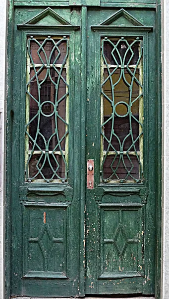 Vintage Bejárat Zöld Ajtó Üveg Közelkép — Stock Fotó