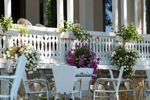 Terrazza Bianca Stile Provenzale Con Vasi Fiori Tavolo Bianco Con — Foto Stock