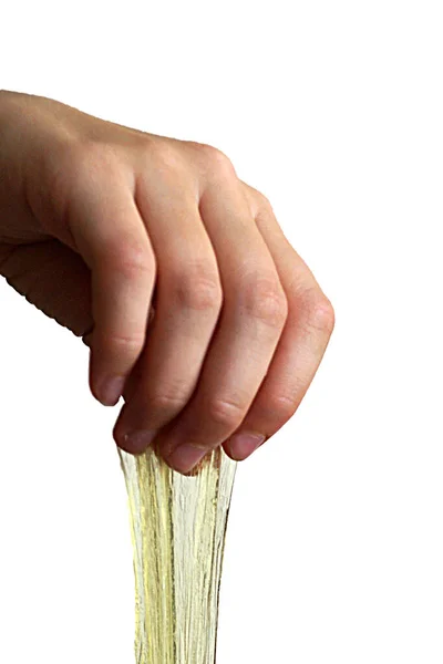 Children Hands Play Yellow Slime Stretching Isolate White Background — Stock Photo, Image