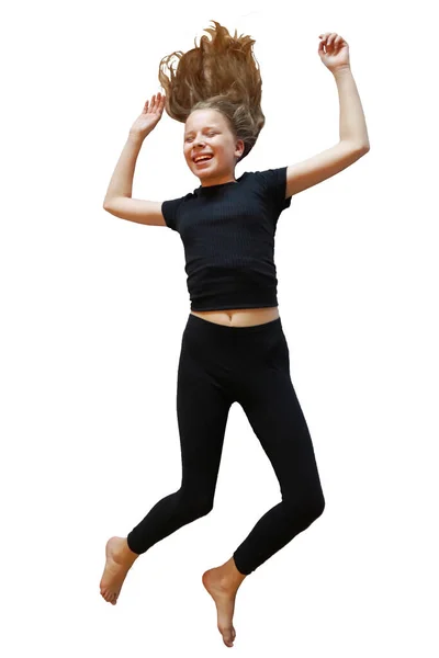 Smiling Girl Jump Raising Arms Isolate White Background — Stock Photo, Image