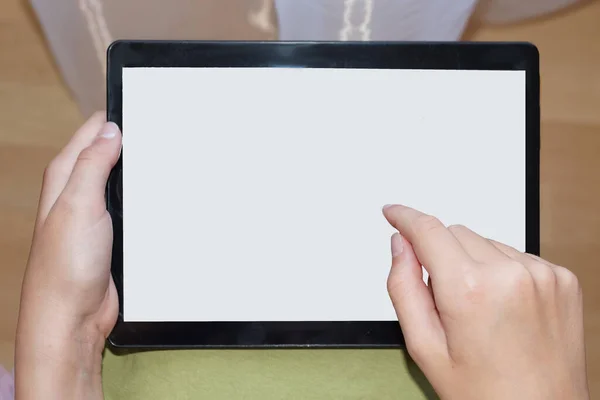 Tablet White Screen Female Hands Mock — Stock Photo, Image