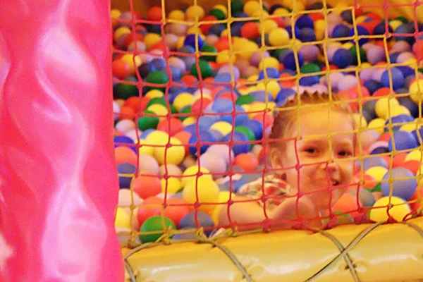 Smiling Girl Dry Pool Balls Net — Stock Photo, Image