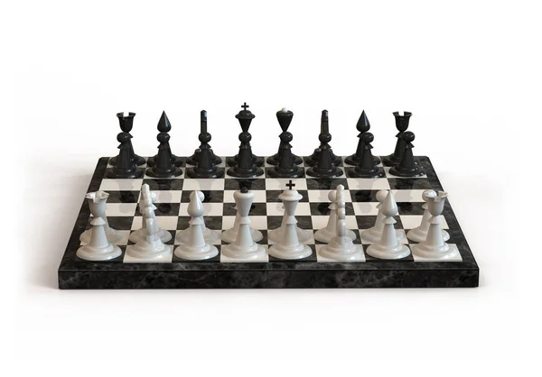 Chess Board with white and black chess pieces on white background. 3D illustration.