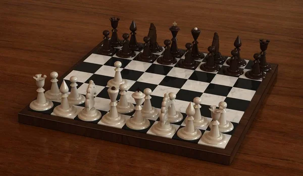 Chess Board with white and black chess pieces on the background of a wooden table top. 3D illustration.