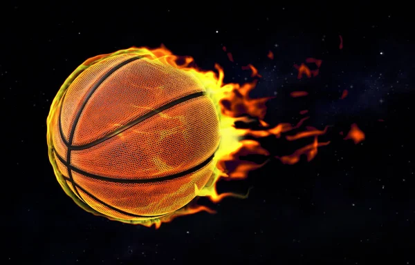 Fiery basketball flying against the black sky. 3D illustration.