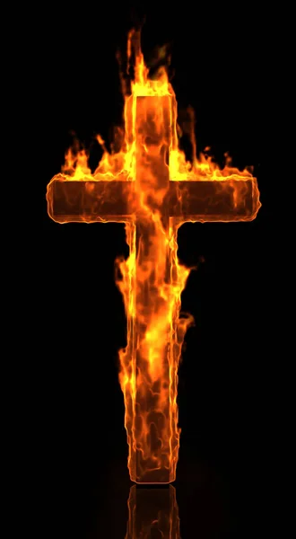 黒の背景にキリスト教の十字の火で燃えています イラストレーション — ストック写真
