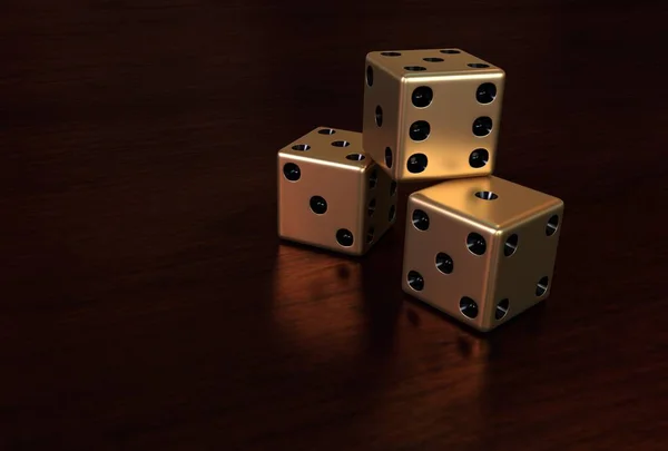 Three golden dice on a dark background. 3 d illustration. Wallpaper.