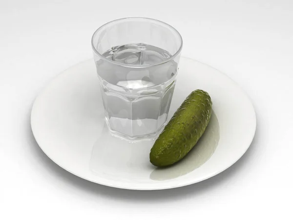 一杯伏特加和一只白盘子里的黄瓜 — 图库照片