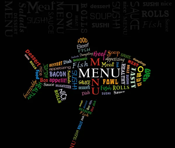 Conceito Design Menu Forma Peixe Coletado Diferentes Fontes Fundo Preto —  Vetores de Stock