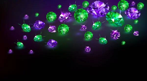 Чорний Фон Багатьма Розсіяними Фіолетовими Зеленими Дорогоцінними Каменями Векторні Ілюстрації — стоковий вектор