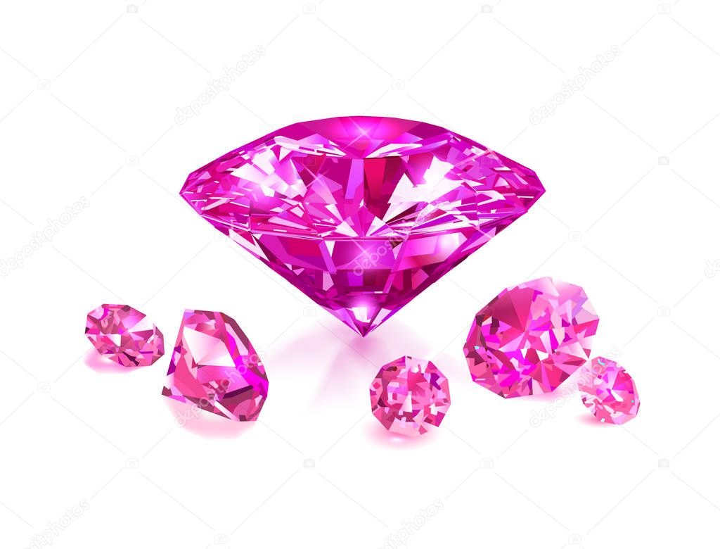 Beautiful realistic pink gemstones. Isolated on white. Vector illustration. Diamond.