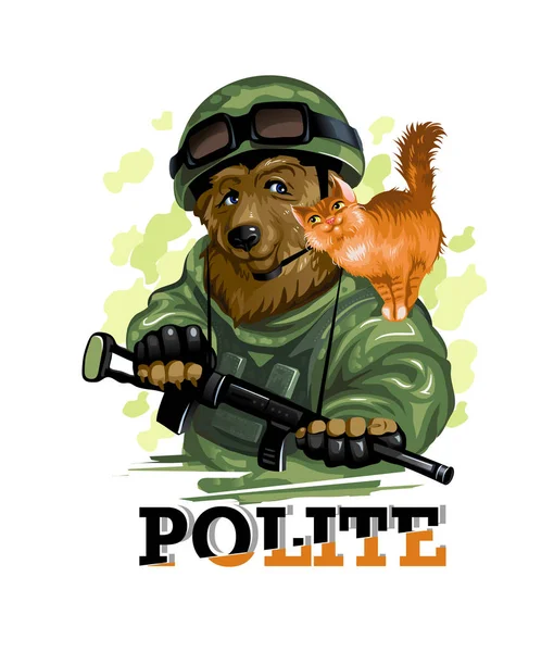 Portre. Askeri üniformalı kibar Rus ayısına kırmızı kedi tutar. Vektör çizim.