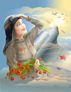 Rus kadın askeri pilot kahraman arka planda gökyüzü, Güneş ve uçan kuşlar. Geleceğe umutla bakıyor. Vektör çizim.