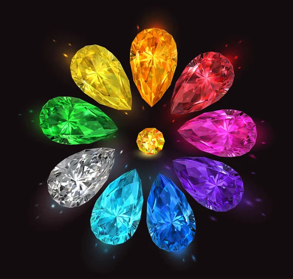 Set Multicolored Precious Stones Form Drops Black Background Vector Illustration — Stock Vector