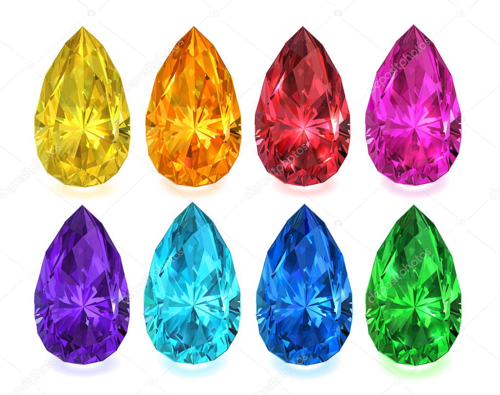Set of multicolored precious stones in the form of drops on a white background. Vector illustration.