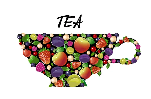 Dekoratif Çay Fincan Meyve Çilek Beyaz Arka Plan Üzerinde Vektör — Stok Vektör