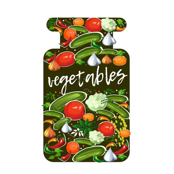 Frasco Decorativo Com Legumes Salgados Especiarias Verduras Fundo Branco Vetor —  Vetores de Stock