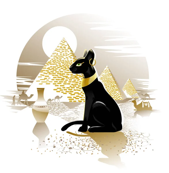 Gato Negro Egipcio Fondo Las Pirámides Ilustración Vectorial — Archivo Imágenes Vectoriales
