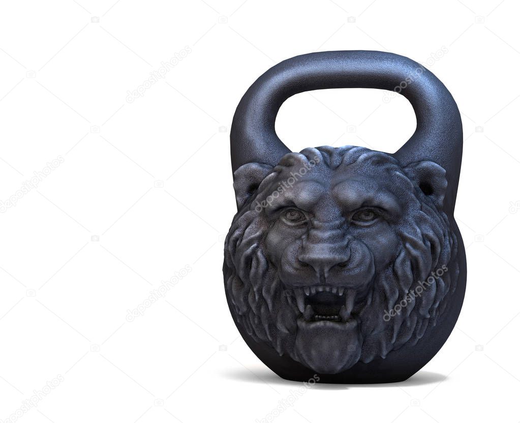 Cast iron design weight with lion head isolated on white background. 3D illustration.